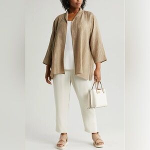 Eileen Fisher Silk Open Front Jacket 3/4 Sleeve Champagne Medium